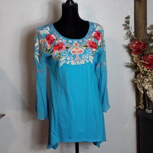 NEW- TUNIQUE Turquoise Embroidered Floral Sheer Flare Sleeves Tunic M